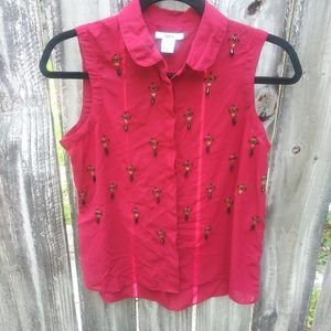 ❤ Bar III Sheer Deep Red Bedded Sleeveless Top Size S